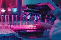 Modern microscope in laboratory with pink and blue neon lighting illuminating specimen slide and test tubes, creating dramatic scientific research atmosphere.