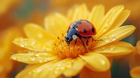 Red ladybug with black spots walking on bright yellow daisy petals covered in morning dew drops against soft blurred background. Macro nature photography.