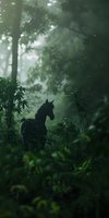 Silhouetted horse standing in misty forest surrounded by lush green vegetation and tall trees, atmospheric woodland scene for nature and equestrian projects.