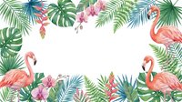 Flamingos and tropical foliage frame a white center space, featuring pink flowers, monstera leaves, and palm fronds for summer designs and invitations.