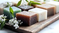 Natural handmade soap bars with spring blossom and mint leaves on rustic wooden board. Organic skincare products with herbs and flowers for spa wellness.
