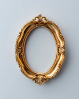 Ornate golden oval frame with baroque style decorative elements and flourishes against neutral background, isolated for design and creative projects.