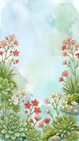 Watercolor floral border with succulents and pink wildflowers on soft green background, copy space for greeting cards and invitations.