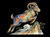 Watercolor goat leaping over mountain rocks in vibrant Chinese art style, isolated on transparent background, ready for stickers, t-shirt design, and print on demand.