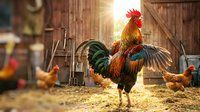 Rooster standing in farmyard with hens and wooden barn in golden sunlight, rural poultry scene for agricultural and farm-related projects.