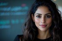 Young South Asian woman with long wavy dark hair and natural makeup smiling confidently against blurred teal background, professional corporate headshot style portrait.