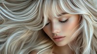 Young woman with flowing platinum blonde hair and natural makeup in dreamy pose with closed eyes, showcasing soft beauty and ethereal feminine features.