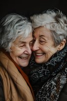 Senior Caucasian women sharing joyful moment, laughing together with genuine emotion. Close-up portrait shows natural aging, silver hair, and authentic connection.