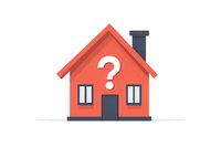 Red house with white question mark symbol on facade, simple minimal design on isolated background for real estate and property concepts.