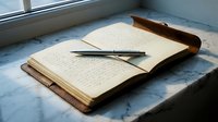 Open vintage journal with handwritten pages and fountain pen on marble surface by window for creative writing and storytelling projects.