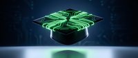 Digital graduation cap with glowing green circuit patterns on dark background representing technology education and academic achievement in STEM fields.