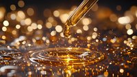 Golden liquid drops falling from dropper creating ripple effect on reflective surface with warm bokeh background and splashing micro droplets.