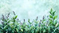 Watercolor botanical illustration of green plants and lavender flowers against soft mint background, creating serene natural ambiance.