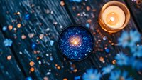 Glowing candle and magical cup with starry galaxy reflection on dark background surrounded by blue flower petals, creating mystical atmosphere.