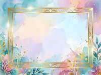 Golden ornate frame with watercolor pastel background and botanical elements, isolated on transparent background for design, invitations, and creative projects.