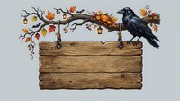Wooden sign hanging from autumn branch with black crow, fall leaves, and lantern on isolated background, ready for design projects.