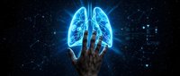 Glowing blue lungs with digital network overlay and hand touching holographic organ, representing respiratory health, medical technology, and healthcare innovation.