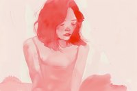 Young Asian woman in soft pink watercolor style artwork showing contemplative mood and gentle posture, artistic portrait with minimalist approach and delicate brushstrokes.