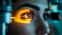 Close-up of female eye during ophthalmological examination with yellow diagnostic light beam in dark medical office setting.