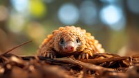 Close-up portrait of pangolin with scaly armor resting on dry leaves in natural habitat, showing detailed texture of scales and curious expression in soft bokeh light.