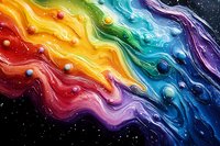 Vibrant rainbow waves with floating spheres on black background create dynamic fluid art pattern with red, orange, yellow, green, blue and purple flowing colors.