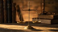 Vintage brass scales of justice on wooden desk with law books in background, symbolizing legal system, courtroom proceedings, and attorney services.