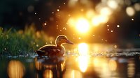 Mallard duck swimming in tranquil lake water at sunset with golden bokeh light reflections creating magical atmosphere.