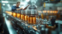 Male technician inspecting glass bottles filled with amber liquid on automated production line in modern beverage manufacturing facility with quality control process.