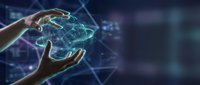 Human hands protecting glowing digital brain with neural network connections on dark technology background for AI and machine learning concepts.