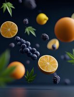 Floating fruits, berries and cannabis leaves against dark background, creating dynamic food composition for healthy lifestyle concept.