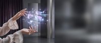 Businesswoman interacting with holographic digital interface displaying data visualization and technology icons in modern office environment.
