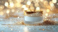 Luxurious white cosmetic cream jar with gold lid on sparkling glitter background with bokeh lights and magical glow effect for beauty product photography.