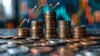 Stacks of coins with rising arrow graph overlay showing financial growth and investment success against blurred stock market background. Perfect for finance concepts.