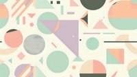 Pastel geometric abstract pattern with circles, triangles and shapes in mint green, peach, lavender and gray on cream background.