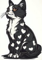 Cartoon black and white tuxedo cat with heart pattern on fur, amber eyes looking upward with alert expression on isolated background.