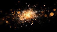 Glowing golden explosion with sparkling particles and bokeh lights against dark background creates magical festive atmosphere for holiday designs.