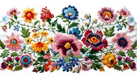 Vibrant floral folk art arrangement with colorful wildflowers, daisies and berries in traditional European embroidery style on white background, suitable for textile design.