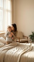 Young Caucasian mother embracing toddler son in cozy beige bedroom with natural sunlight streaming through window creating warm intimate family moment.