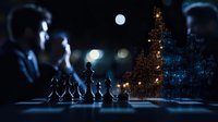 Chess pieces silhouetted against illuminated city skyline at night with blurred figures in background creating dramatic atmosphere for strategic business concept.