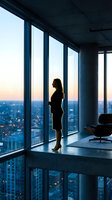 Woman in business attire standing by floor-to-ceiling windows in modern high-rise office, gazing at cityscape at sunset. Corporate workspace concept.