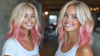 Young Caucasian women with platinum blonde and pink ombre hair smiling brightly, wearing casual white tops. Modern trendy hairstyle showing vibrant dyed hair color technique.