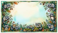 Adorable raccoon family border frame with autumn leaves and berries on watercolor background for greeting cards and seasonal designs.
