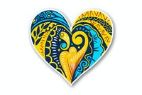 Decorative heart shape filled with yellow and blue ornamental patterns featuring swirls, leaves and abstract elements on white isolated background. Ready for design use.