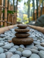 Balanced zen stones pyramid on smooth river pebbles with bamboo fence background creating peaceful Asian garden atmosphere for wellness and meditation concepts.