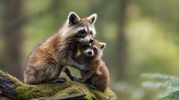 Two playful raccoons cuddling on mossy log in forest setting, showing affectionate behavior with natural bokeh background and soft lighting for wildlife photography.