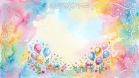 Watercolor birthday party background with colorful balloons, gift boxes and decorative swirls frame in pastel rainbow hues for celebration designs.