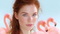 Young woman with red hair and blue eyes against blurred pink flamingo background, soft natural makeup and freckles, gentle summer portrait with dreamy expression.