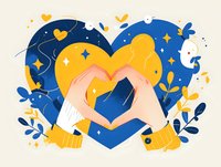 Hands forming heart shape against blue and yellow heart background with floral elements and stars, romantic gesture illustration for valentines cards and love concepts.