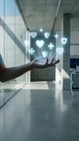 Hand of person with dark skin tone holding glowing neon health and medical icons including hearts, shields, and crosses in modern hospital corridor for healthcare, wellness, and insurance concepts.
