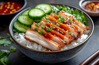Sliced teriyaki chicken breast served on steamed white rice with fresh cucumber, green onions and sesame seeds in ceramic bowl, drizzled with sweet sauce.